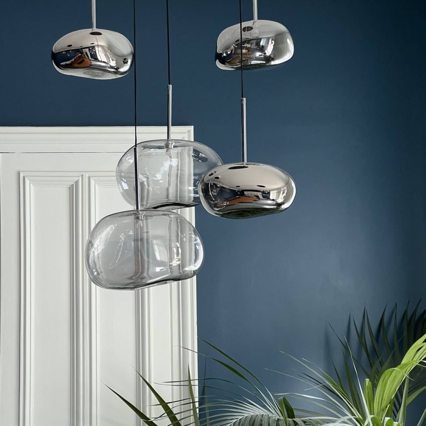 suspension-design-galet-chrome-G1-salle-à-manger-luminaire-en-verre-moss-series